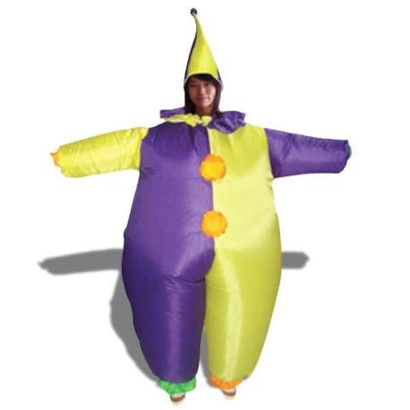 Déguisement gonflable de clown aux tenues violet et jaune