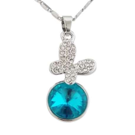 Collier argenté à pendentif boule de cristal bleue, papillon brillan