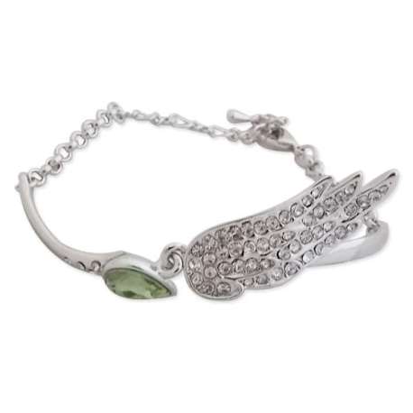 Bracelet argenté avec aile en strass et faux cristal vert