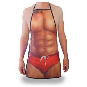 Tablier humoristique BBQ homme musclé en shorty rouge