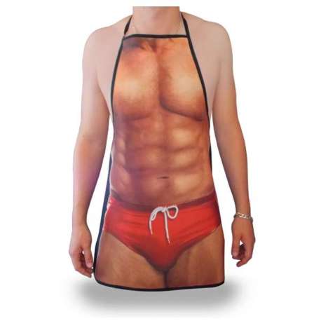 Tablier humoristique BBQ homme musclé en shorty rouge