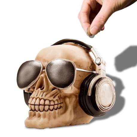 Tirelire tête de mort avec casque audio moderne
