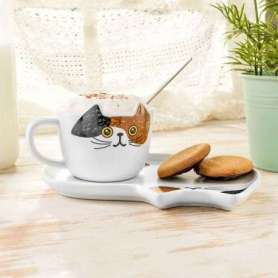 Ensemble Chat: Tasse, Assiette & Cuillère avec Motifs Félines - Charme et Style