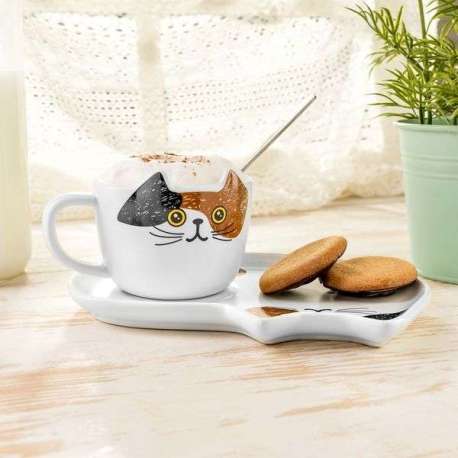 Ensemble Chat: Tasse, Assiette & Cuillère avec Motifs Félines - Charme et Style